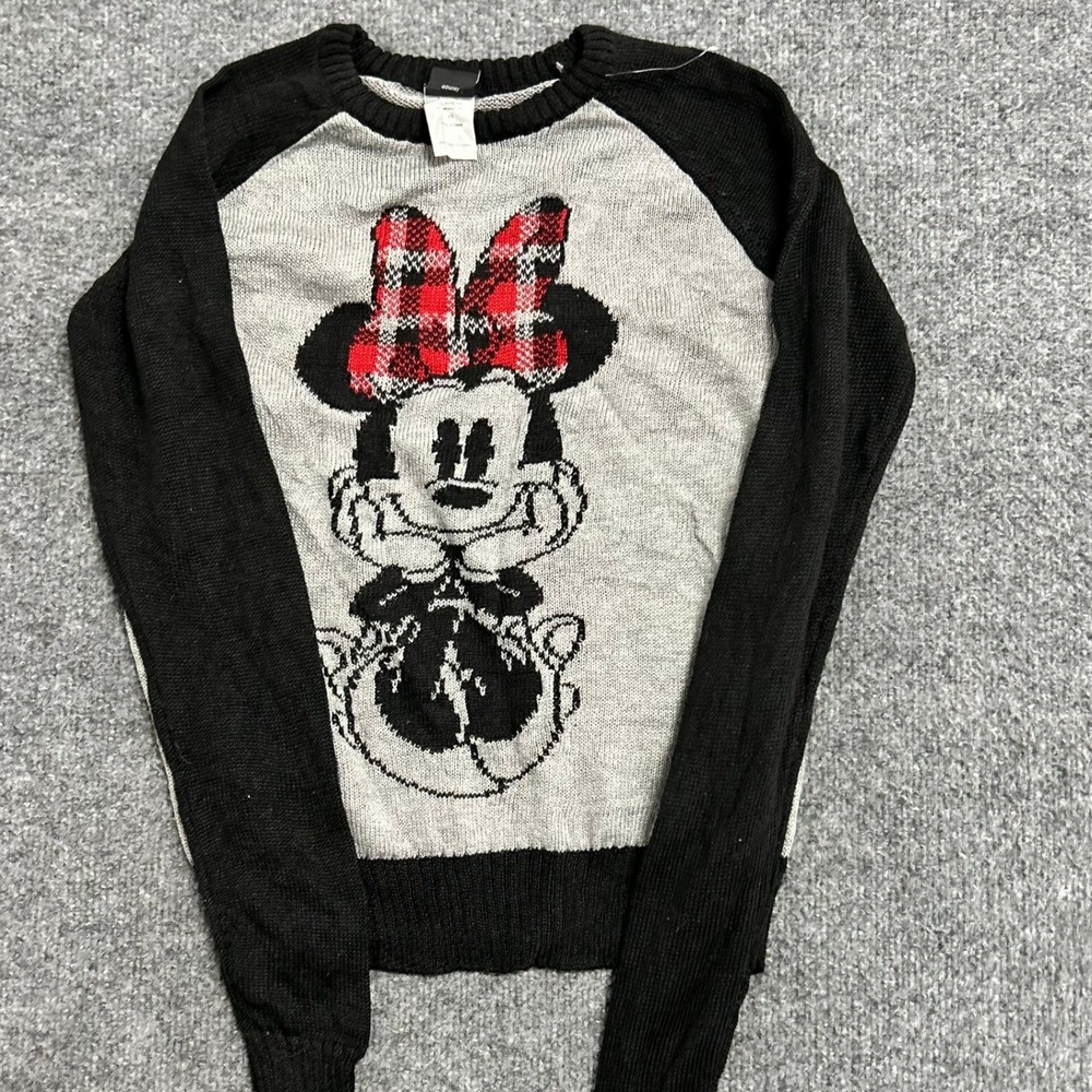 Disney Sweater Womens XS Gray Black Minnie Mouse Plaid Bow Raglan Knit Graphic